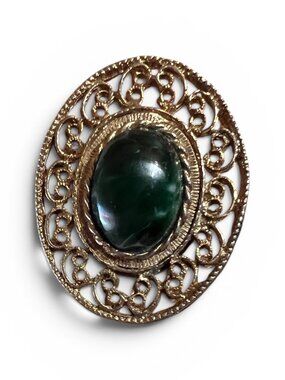 LARGE Vintage Ring Gold Tone Filigree w/ Dark Green Stone/Glass, Boho Romantic